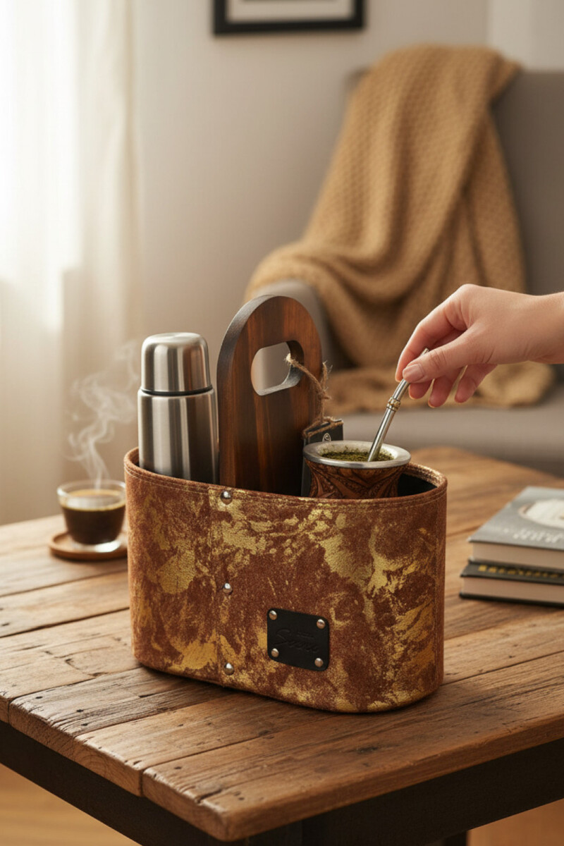 Matera Artesanal de Cuero con Detalles Metalizados Durazno con dorado