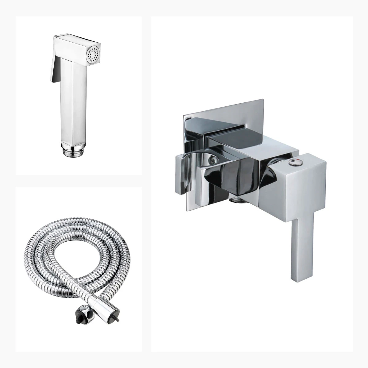 Juego Completo De Ducha Higienica Cuadrada, Mezcladora (Agua Fria Y Caliente) De Empotrar Y Flexible De Acero Inox. Aqualia 