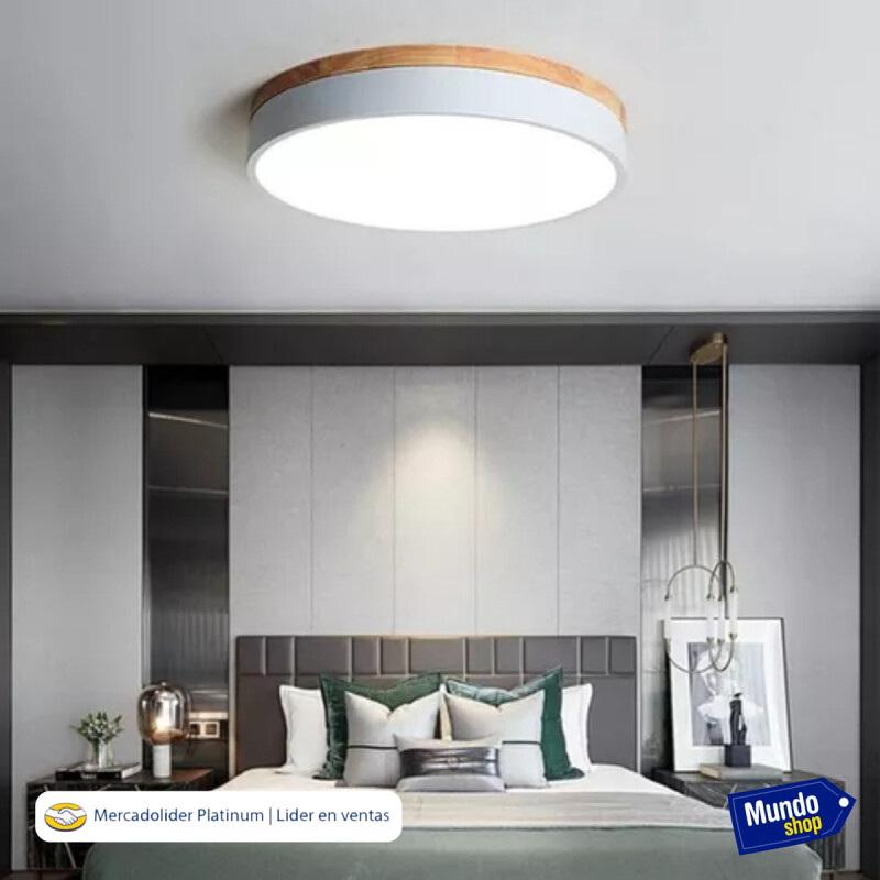 Luminaria Plafon Led Diám 30cm 18w Metal Y Madera Circular Blanco