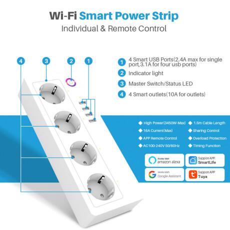 Alargue Tuya Smart WIFI 4 Schuko + 4 USB SM-SA-P702U 001