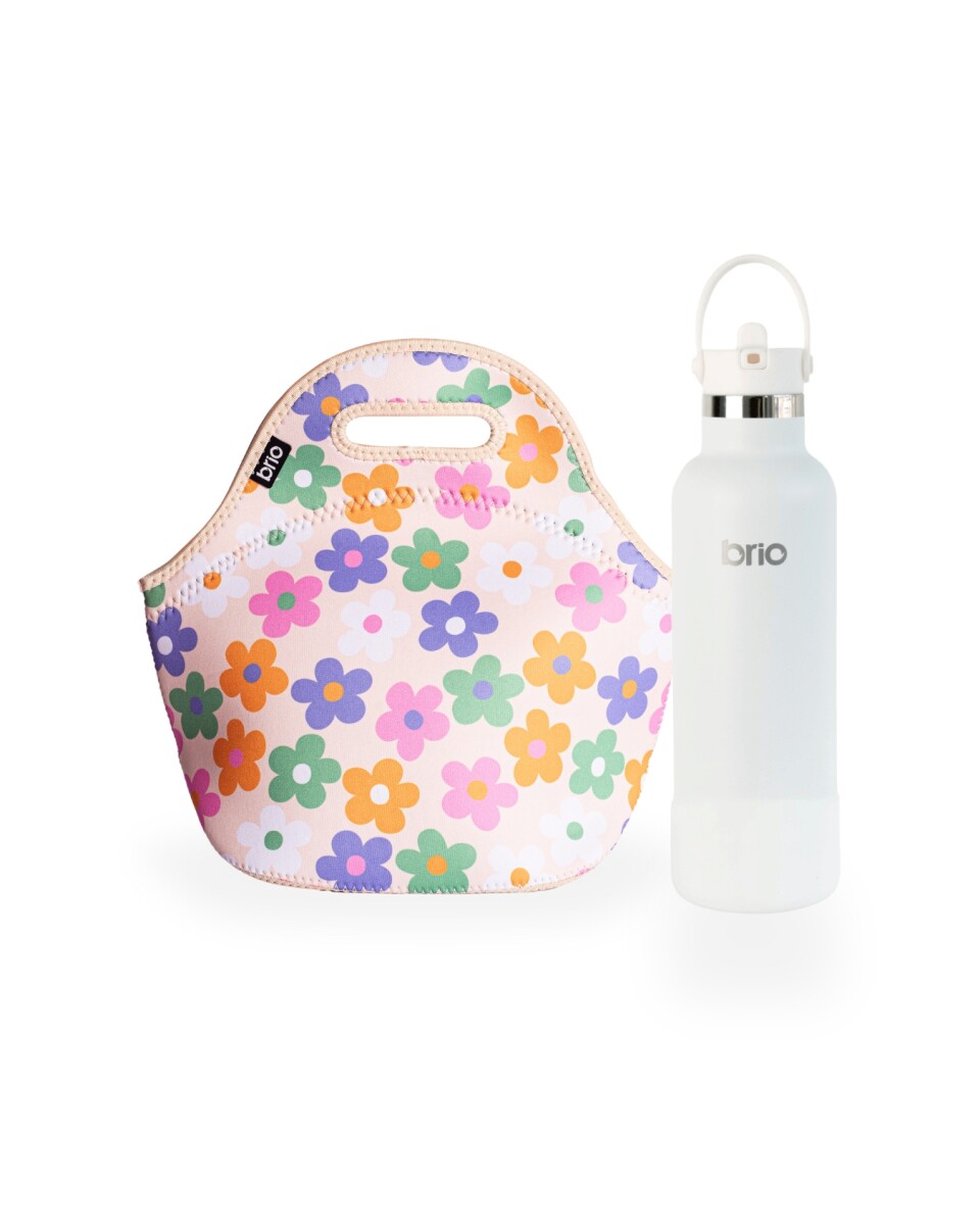Set de lunchera de neopreno y botella de acero inoxidable 750ml brio - set florcitas colores/blanco 