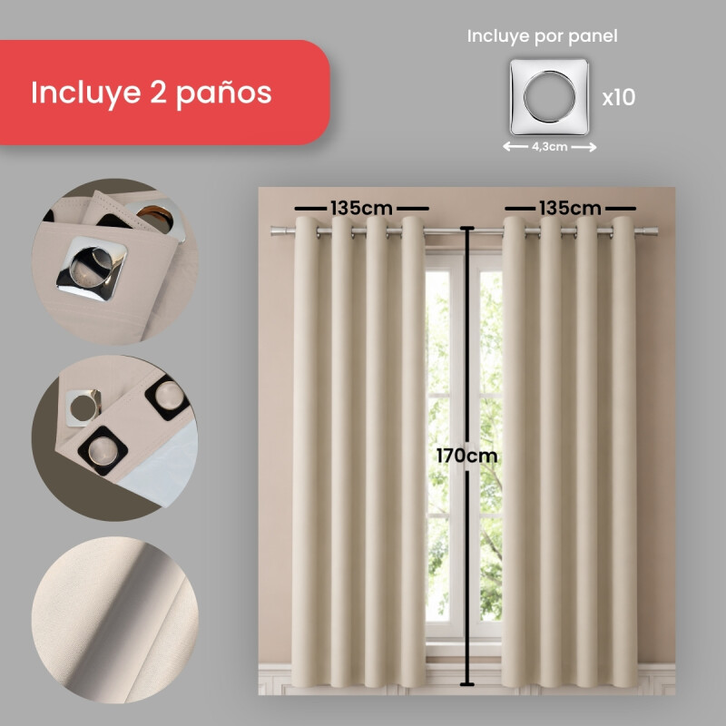 Set x2 paños cortina blackout 1,35m x 1,70m BEIGE