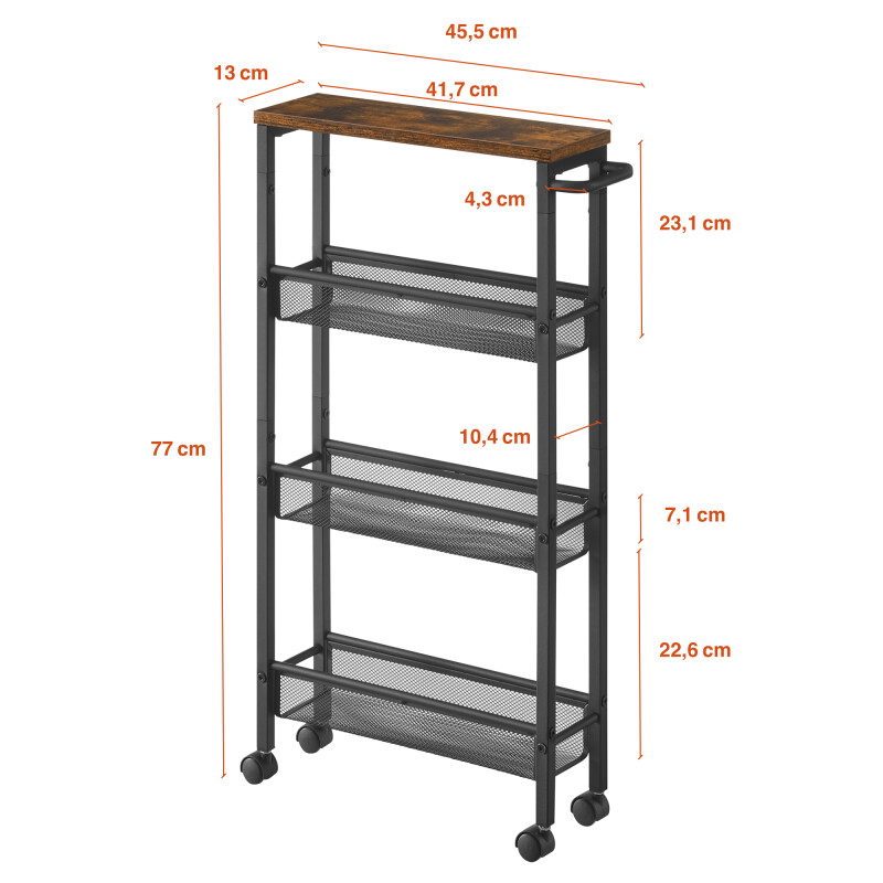 VASAGLE Carrito de Almacenamiento Metálico Delgado de 4 Niveles con Ruedas y Asa – Para Cocina, Sala de Estar, Oficina y Garaje Sin Color