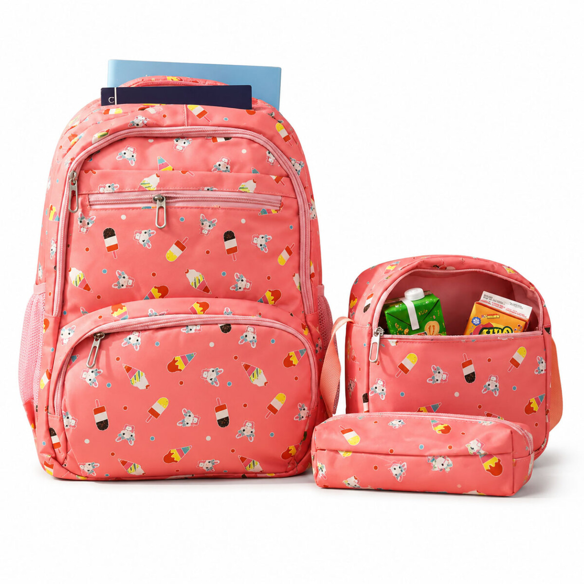 Set Mochila 3 Piezas Estampado Helados Escolar Resistente - Rosa 