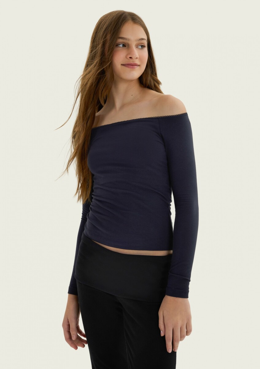 BLUSA JUVENIL DE MANGA LARGA CON HOMBROS DESCUBIERTOS - AZUL 