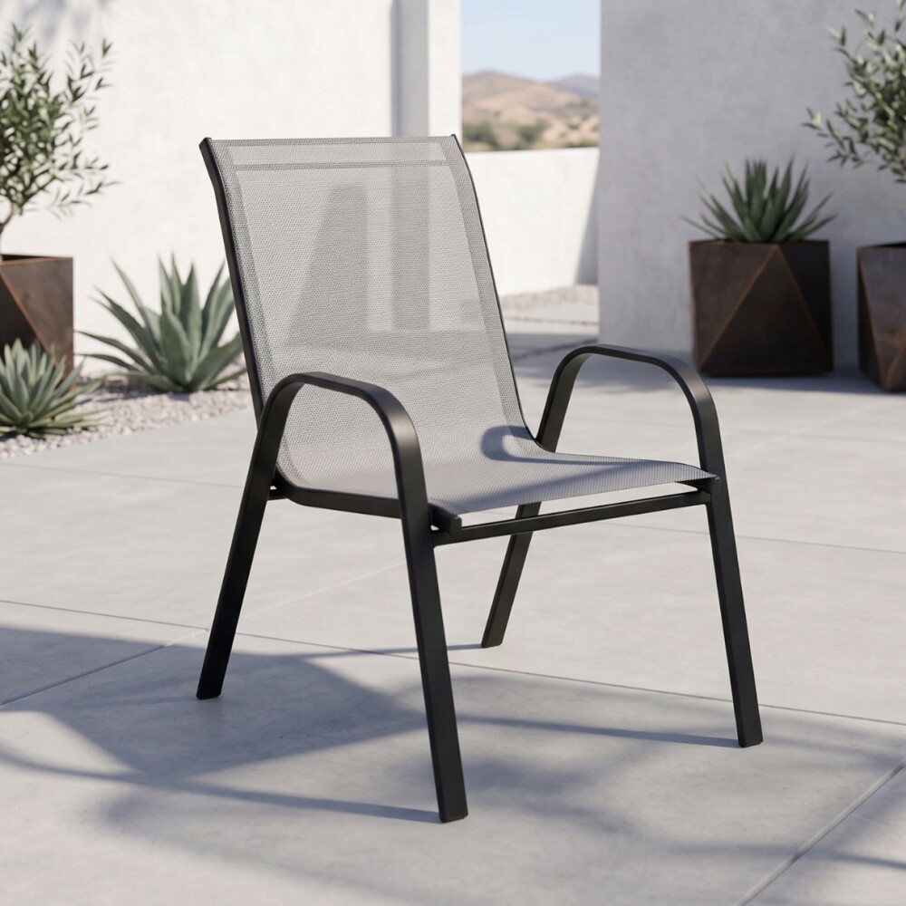 Set De Jardín Mesa De Vidrio + 2 Sillas Textilina y Acero Gris