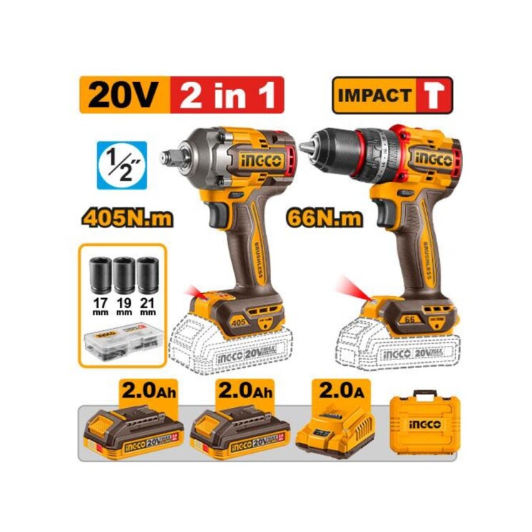 Kit Combo Inalámbrico INGCO CKLI20286 20V Taladro Percutor 66 Nm + Llave de Impacto 405 Nm Kit Combo Inalámbrico INGCO CKLI20286 20V Taladro Percutor 66 Nm + Llave de Impacto 405 Nm