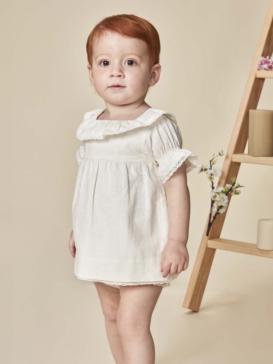 Vestido De Lino En Crudo Con Delantal Removible Piedra