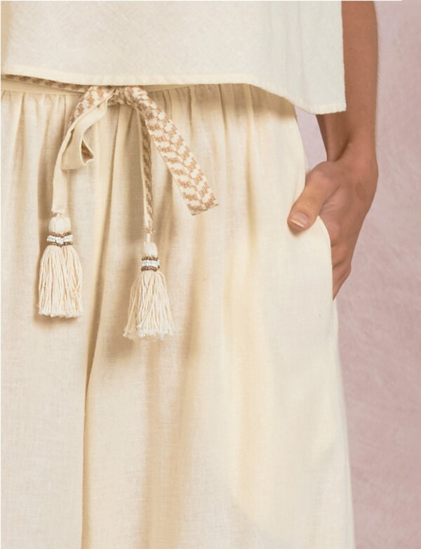 Pantalon Palazzo Algodon Lino Con Cordón Trenzado BEIGE CLARO