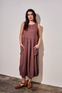 Vestido Rayado Con Lino Multi
