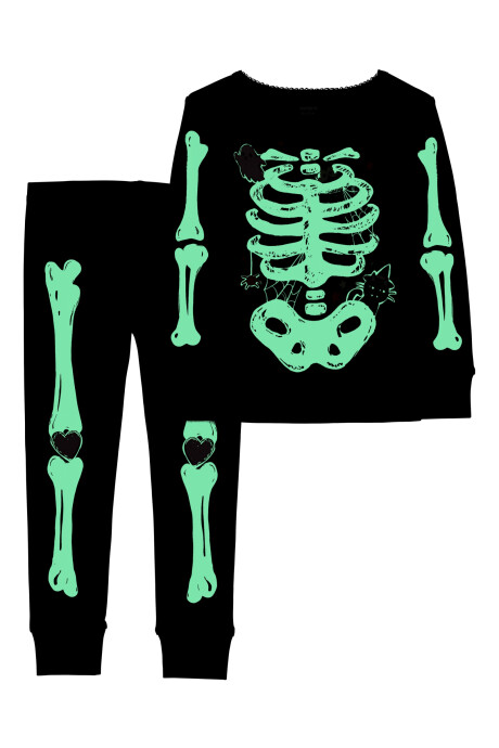 Pijama dos piezas de algodón, diseño esqueleto resplandeciente con fantasma y gato de Halloween. Talles 2-5T Sin color