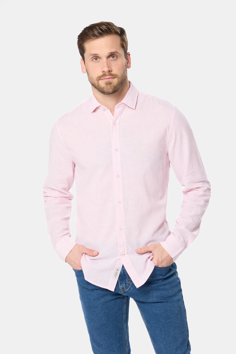 CAMISA DE LINO RAYADA Rosa