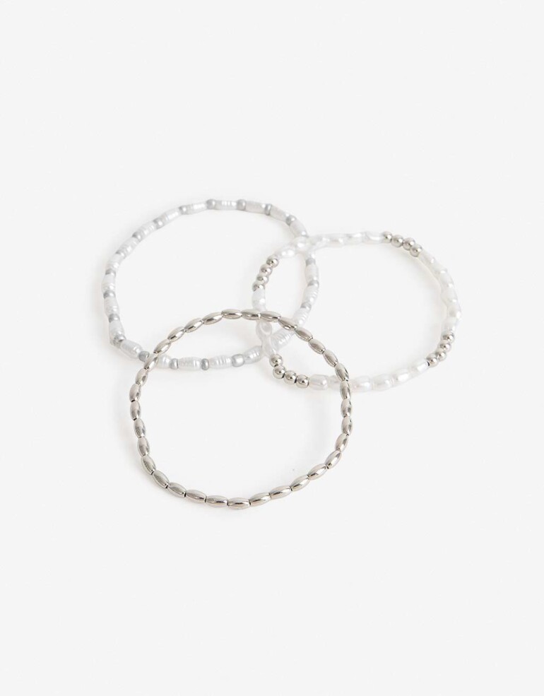 Pulseras Elásticas Sets Perlas Set Pulseras Perlas Y Metal - Plateado Rodio