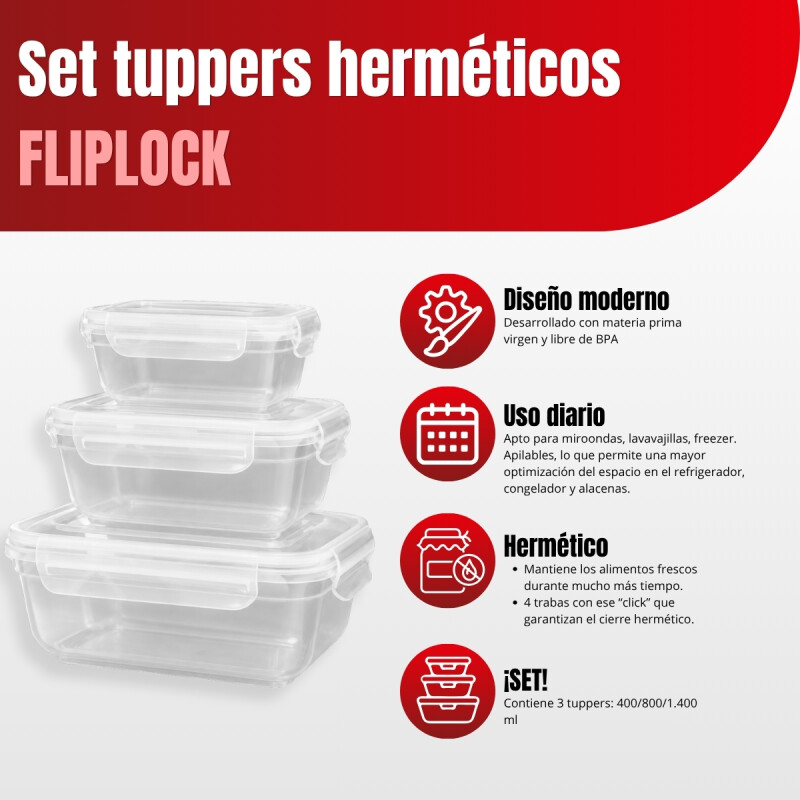Set x3 Pote hermético 400/800/1,400 ml TRANSPARENTE