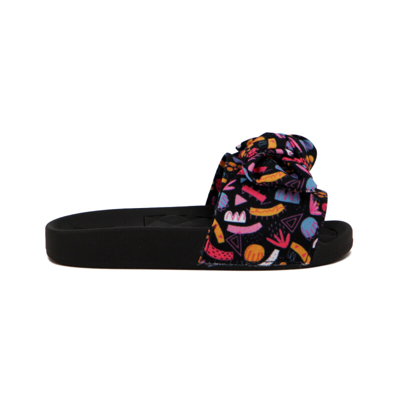 Molekinha Ojota Casual Tira Ancha C/ Moño Estampada Multicolor-negro