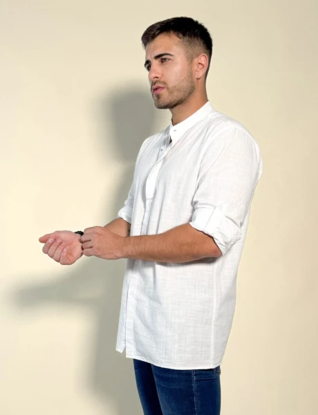 Camisa Hercules con cuello mao de lino y algodón Blanco