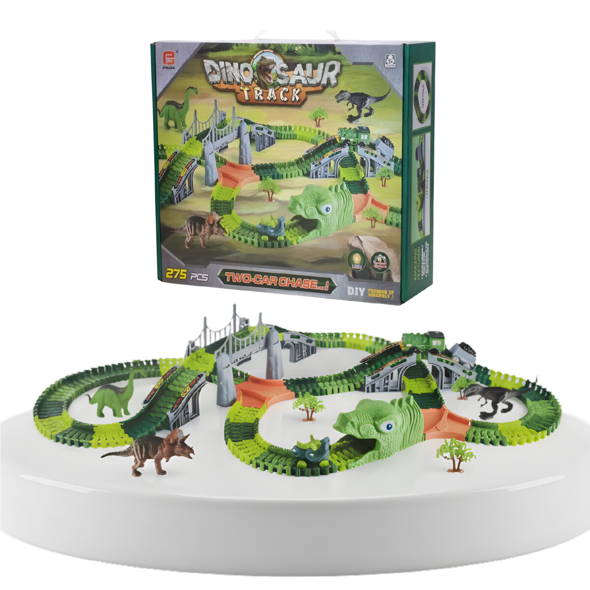 Pista Autos Dinosaurios Grande Flexible Juguete 275 Pz Luces - Variante Color Verde 