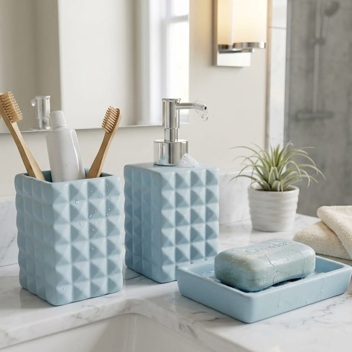 Set x 3 Accesorio de Baño Cerámica Labrada Bukara - CELESTE 