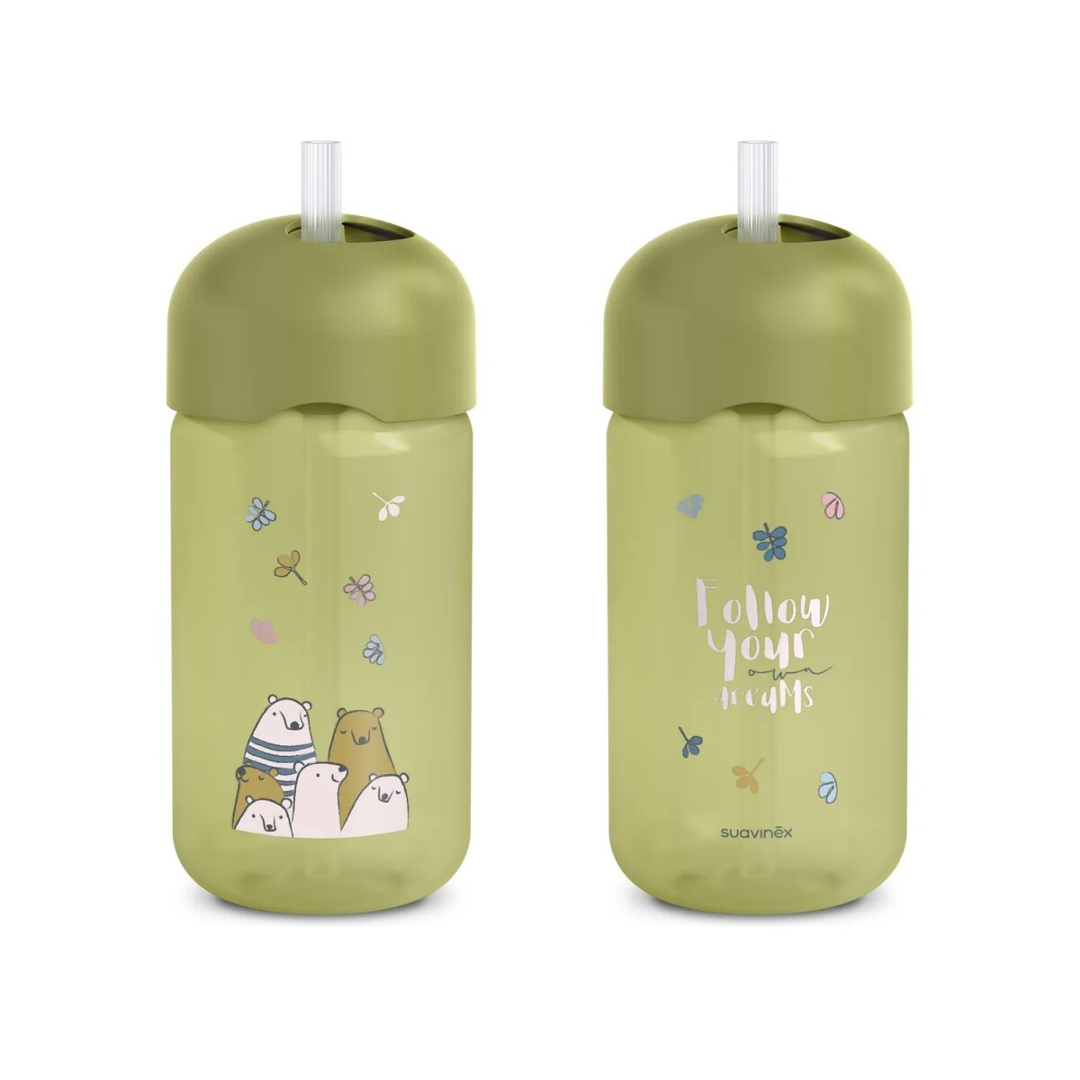 Vaso con Pajita Estampado Osos Antiderrame - Verde 
