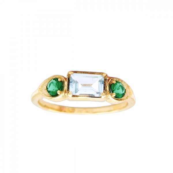 Anillo Halo-Plata rodinada con micra oro 18k-Piedra Topacio azul y Esmeraldas-AN2002 conpiedra