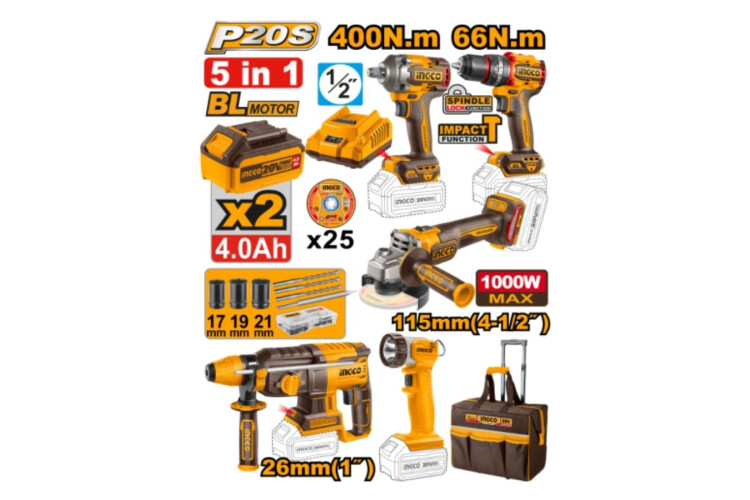 KIT A BATERÍA 20V P20S 5PCS BRUSHLESS MOTOR C/BATERÍAS, CARGADOR, BOLSO Y ACCESORIOS KIT A BATERÍA 20V P20S 5PCS BRUSHLESS MOTOR C/BATERÍAS, CARGADOR, BOLSO Y ACCESORIOS