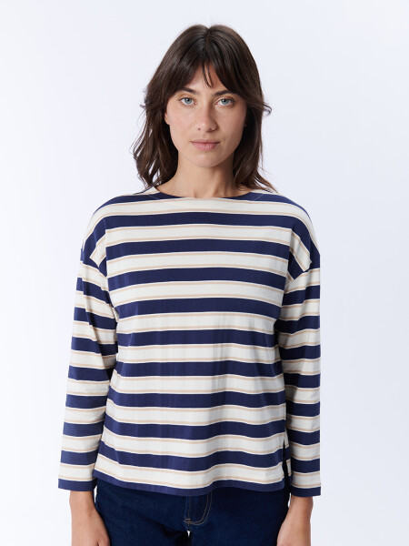 Remera Manga Larga Rayas Crudo Y Azul Marino
