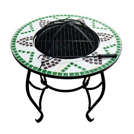 Brasero redondo de exterior con mosaico verde y blanco Brasero redondo de exterior con mosaico verde y blanco