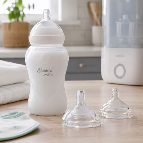 Set Evenflo Mamadera Anticólicos 270Ml+2 Tetinas Flujo Medio Blanco