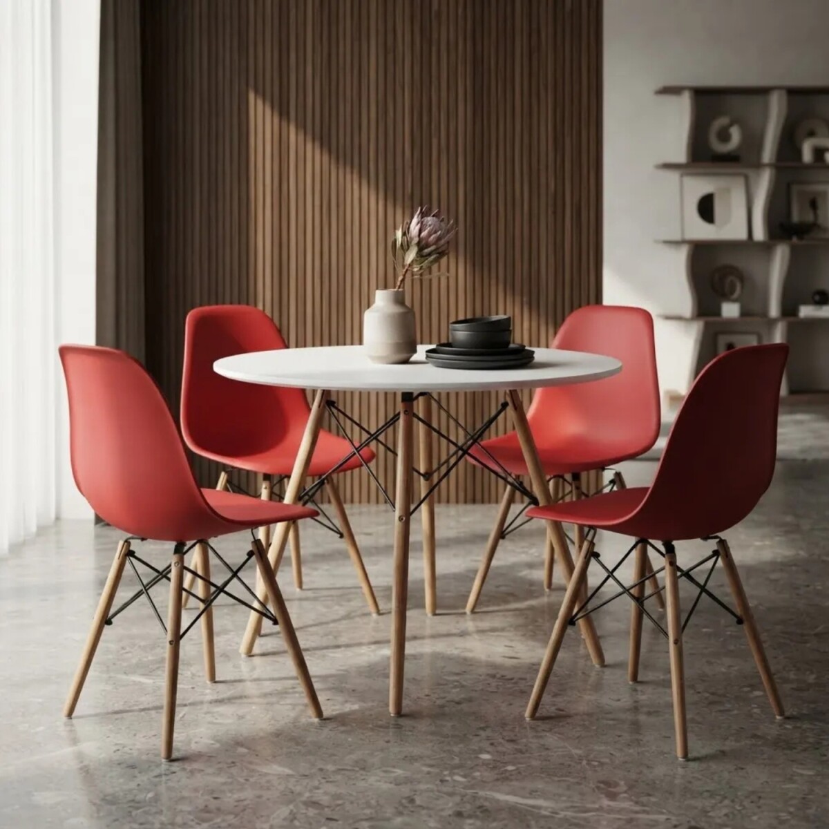 Juego de comedor Con Mesa Circular de 80cm + 4 Sillas Eames - Rojo/Blanco 