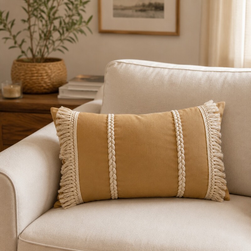 Almohadón con Trenzas y Flecos 50x30cm Beige