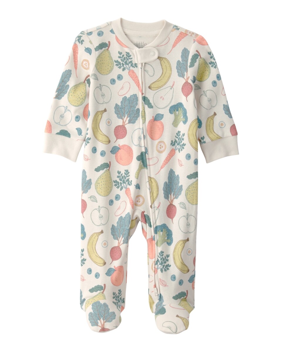 Pijama enterito de algodón orgánico con pie, diseño frutas y verduras 