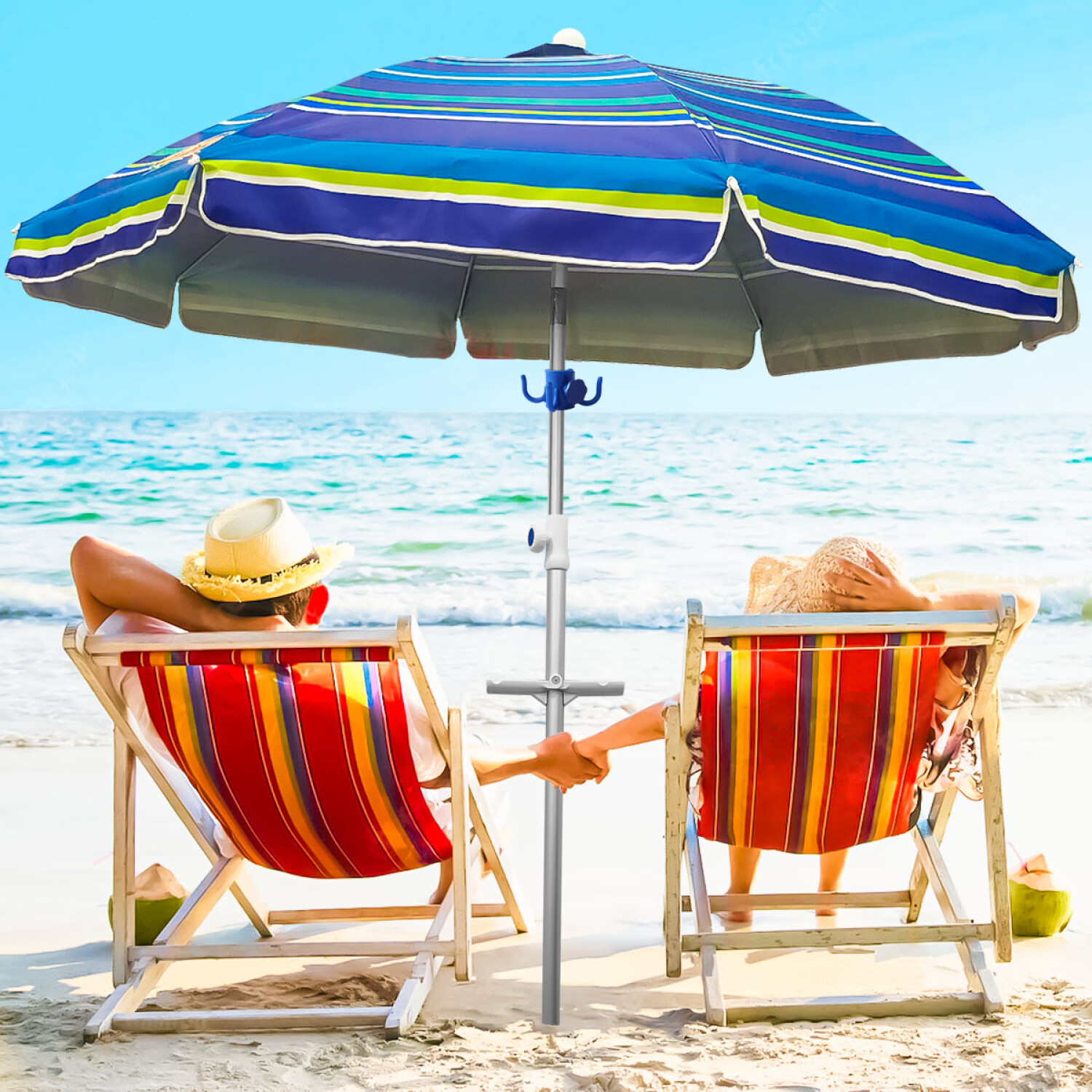 Sombrilla de playa de 78.7 in para arena, sombrilla de aluminio resistente  al viento con inclinación, sombrilla de jardín redonda con ancla de arena y