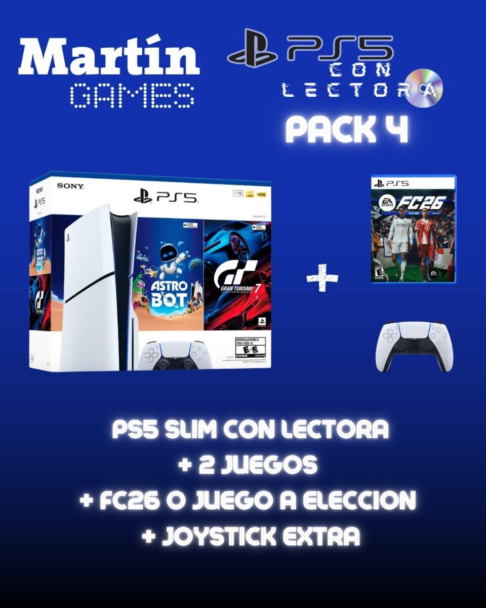 CONSOLA PlayStation 5 PS5 SLIM CON LECTORA + Mando extra + 3 juegos (Astro Bot + Gran Turismo 7 + FC26 (o juego a elección)) 