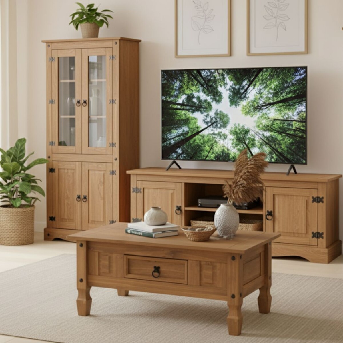 Promo Mesa Ratona + Biblioteca Cristalero + Rack de Tv Linea Naturale - Roble 