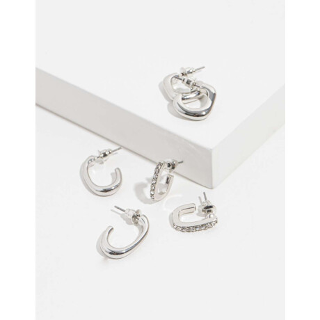 Aros Argollas Set Metal Con Detalle De Strass Plateado Rodio