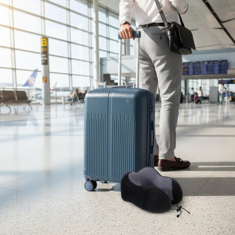 Set Valija Mediana Rigida + Almohadón Cervical Memoria Negro Azul