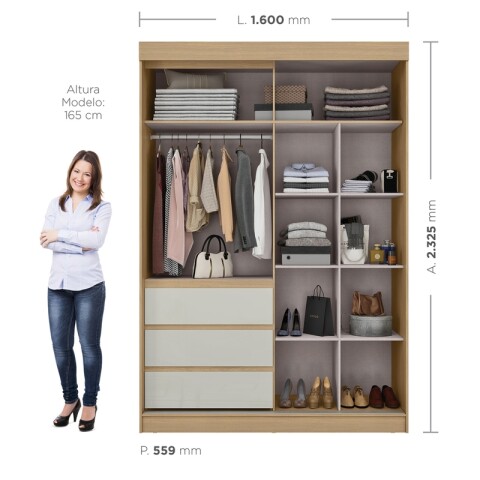 Ropero Armario Bagdá MDF 100% Premium Puertas Mixtas 2 Batientes y 1 Corrediza 3 Cajones y Espejo - Castaño Off White Ropero Armario Bagdá MDF 100% Premium Puertas Mixtas 2 Batientes y 1 Corrediza 3 Cajones y Espejo - Castaño Off White