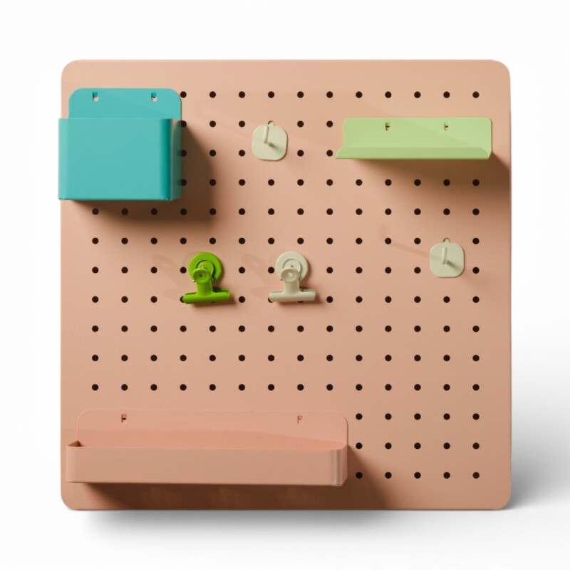 Panel perforado pegboard metálico organizador de pared 40x40 cm – Multiuso para el hogar Rosado
