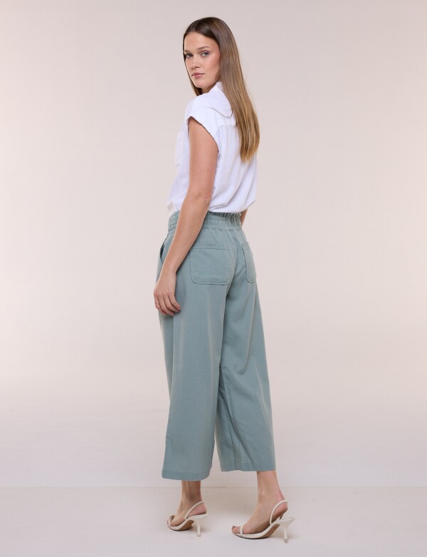 Pantalón De Lino Crop Con Cintura Elastizada VERDE