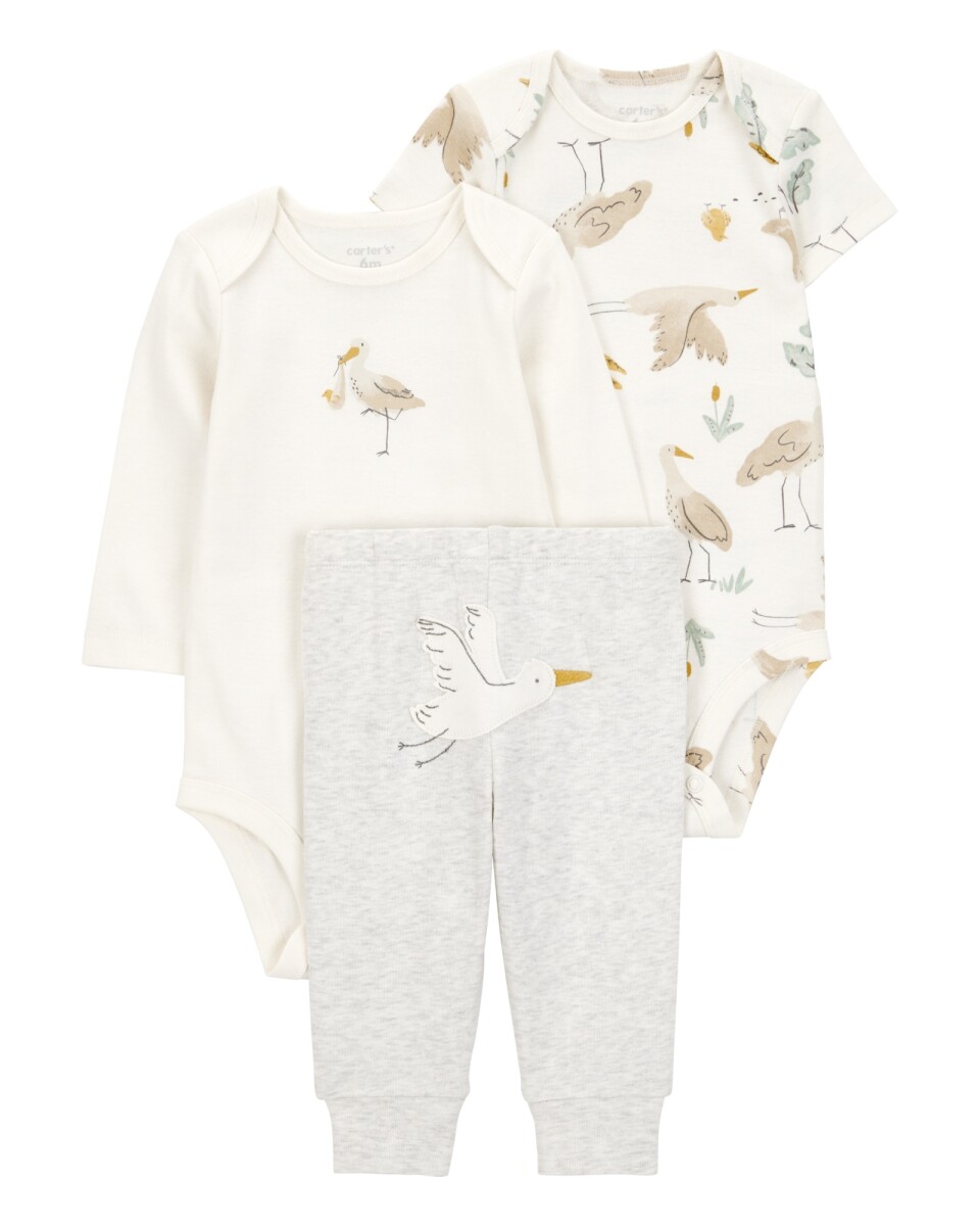 Set tres piezas de algodón, pantalón y dos bodies, diseño cigüeña 