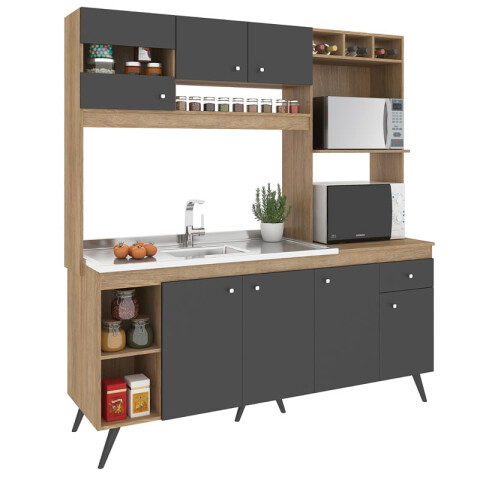 Kit de cocina compacta 7 puertas 1 cajón S/Pileta 182x29x52x197cm Carvale / Grafito