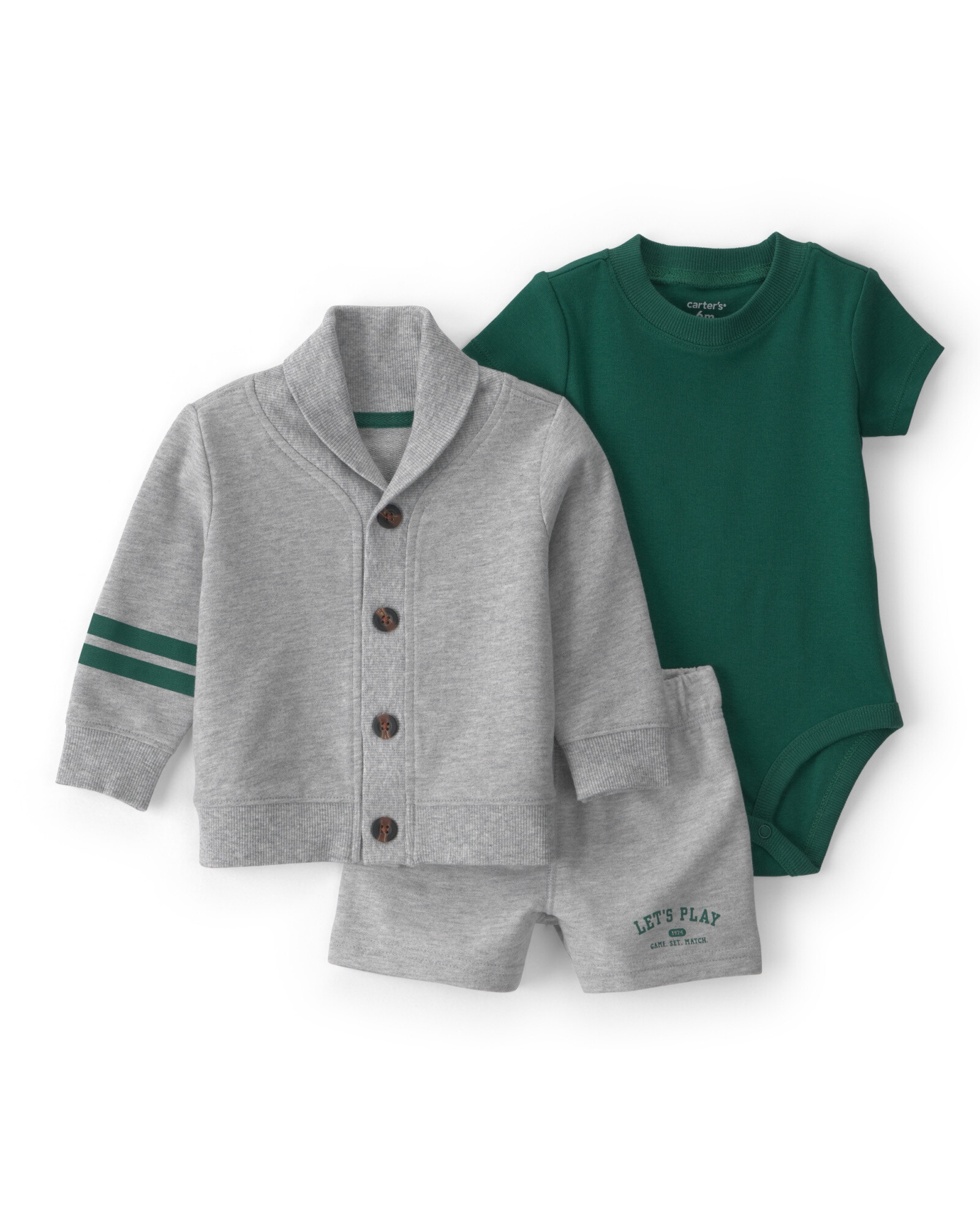 Set tres piezas de algodón, short, saco y body, gris y verde, estilo deportivo Sin color