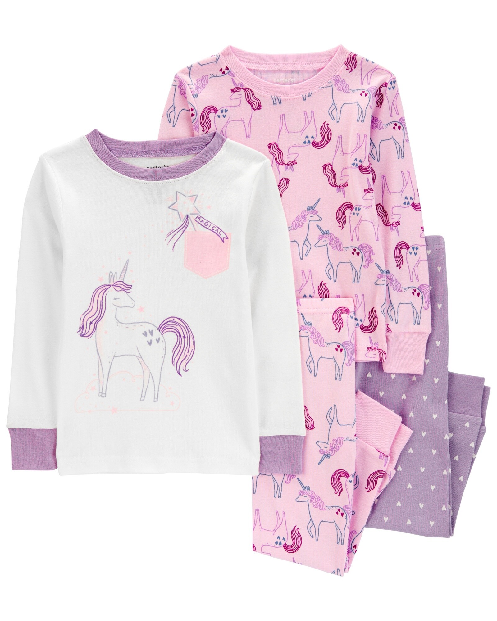 Pijama cuatro piezas de algodón, dos pantalones y dos remeras, diseño unicornios Sin color