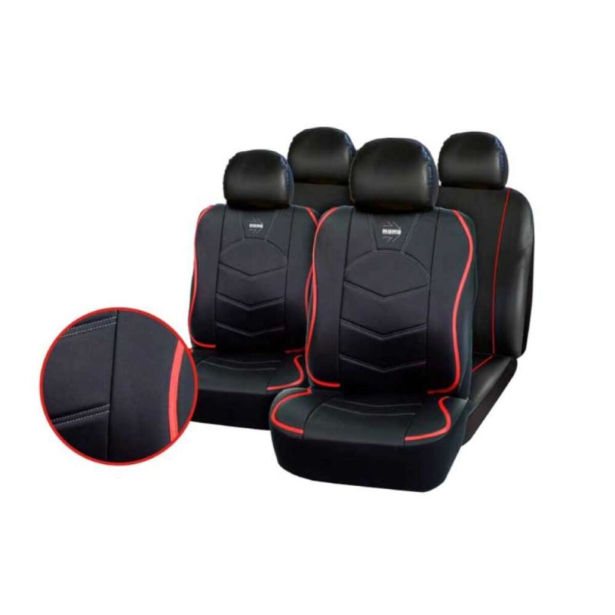 Juego Cubreasiento Momo Auto Combinado Ecocuero Y Tela - Negro Con Rojo 