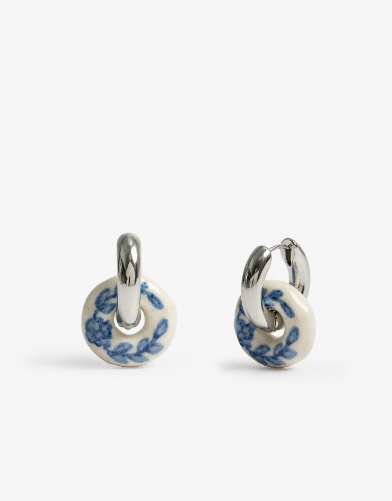 Aros Argollas Canutillos Argollas Metal Y Cerámica - Plateado Rodio