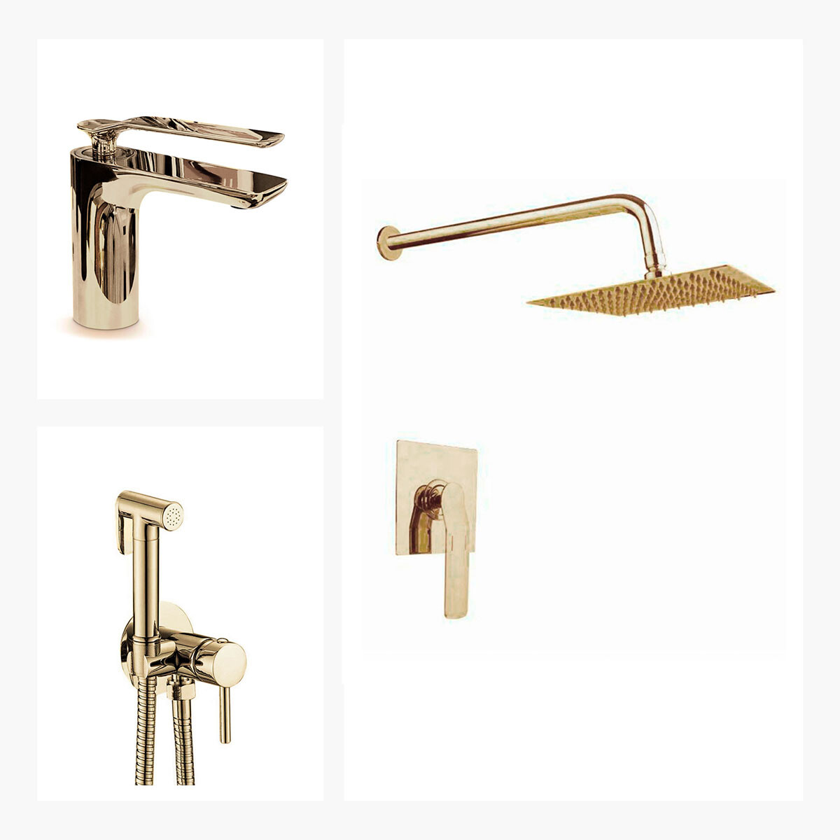 JUEGO COMPLETO DE GRIFERIA COLOR ORO DORADO INCLUYE LAVATORIO BAJO DUCHA EMBUTIDA Y DUCHA HIGIENICA MODENA Acher Ceramicas