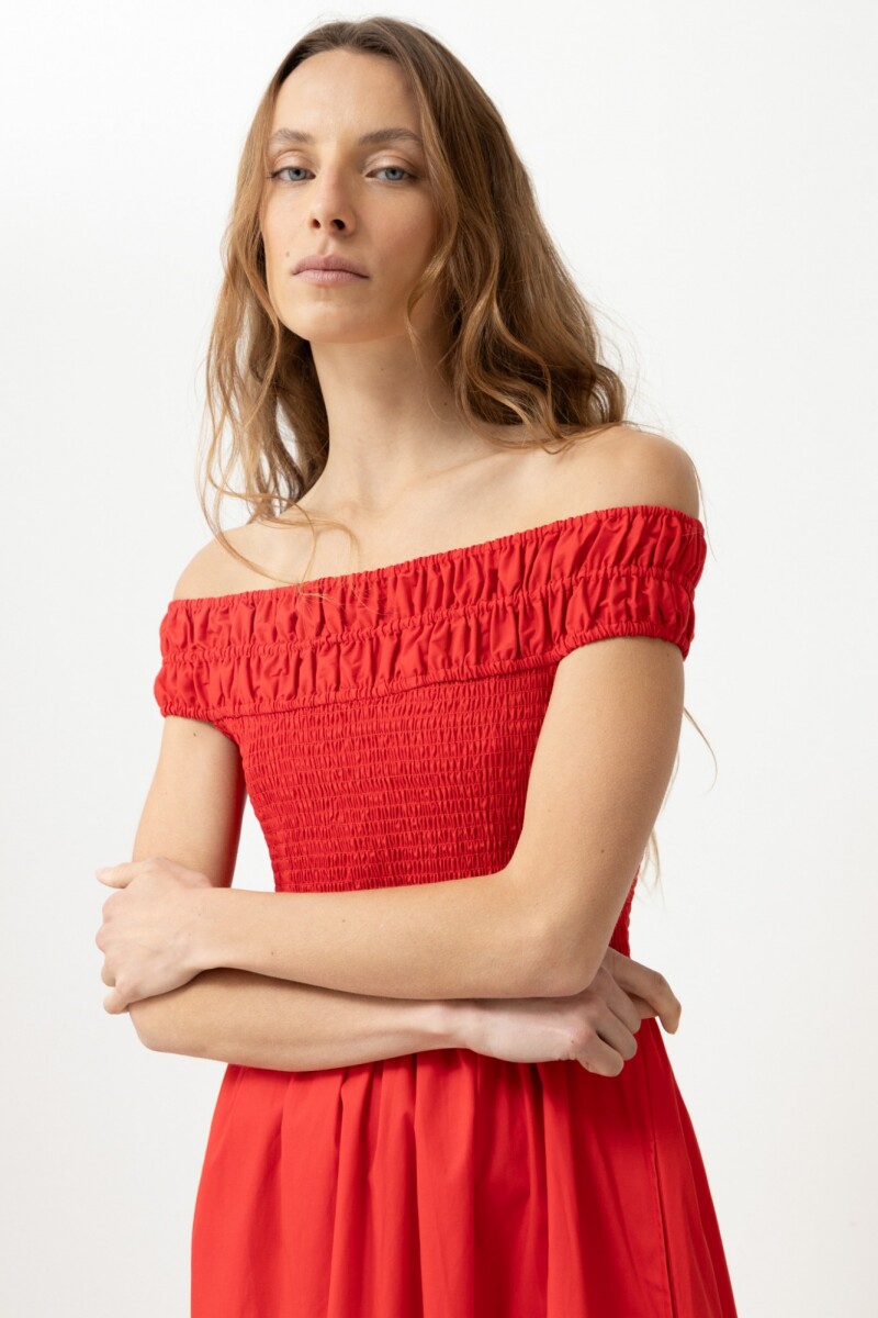 Vestido escote bardot con bolsillos rojo