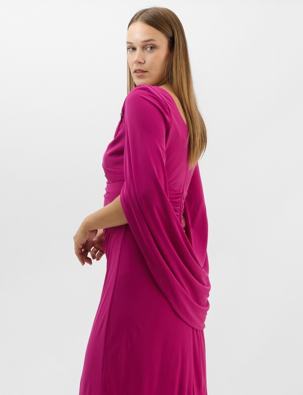 Vestido Largo Drapeado Efecto Capa FUCSIA