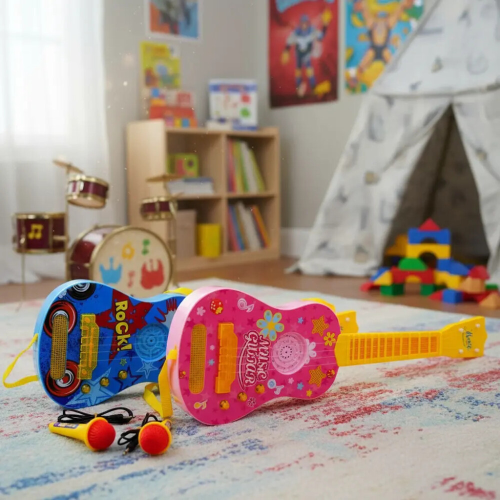 Guitarra con micrófono, luces y melodías Azul