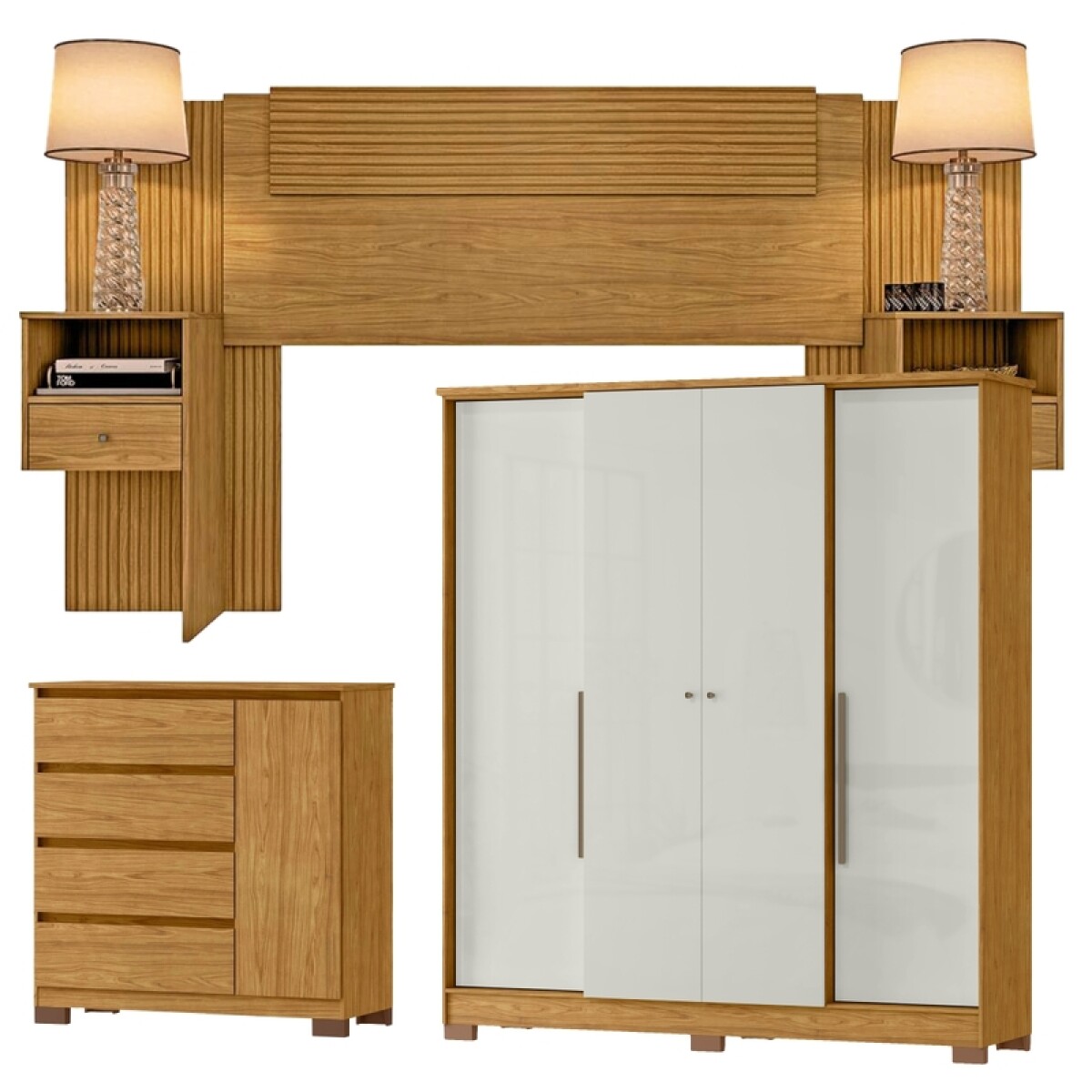 Juego Dormitorio Monaco Ropero 6 Puertas Comoda 4 Cajones 1 Puerta Respaldo Mesas De Luz - Marrocos Off White 